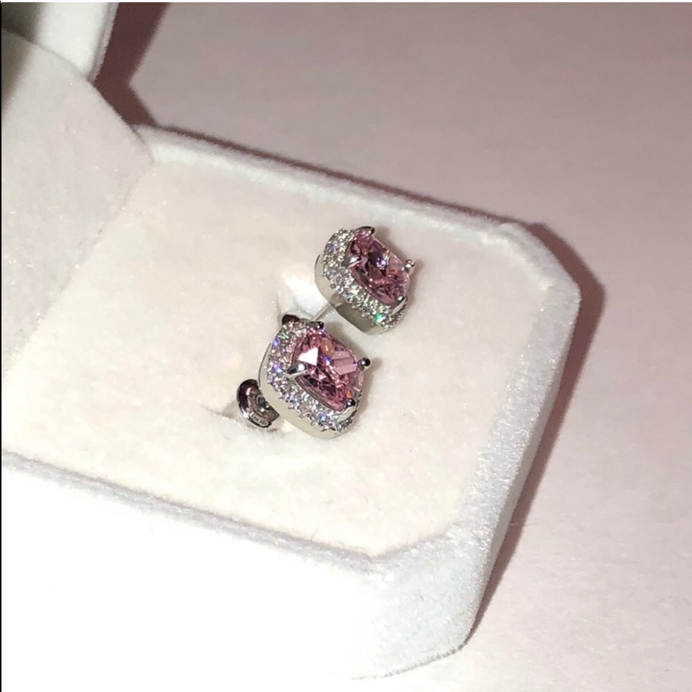 18k Pink Halo Princess 1-1/4 ct Earrings NEW - Picture 5 of 6
